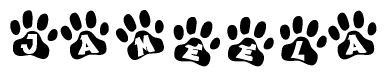 The image shows a series of animal paw prints arranged in a horizontal line. Each paw print contains a letter, and together they spell out the word Jameela.