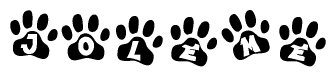 The image shows a row of animal paw prints, each containing a letter. The letters spell out the word Joleme within the paw prints.