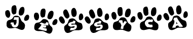 The image shows a series of animal paw prints arranged in a horizontal line. Each paw print contains a letter, and together they spell out the word Jessyca.