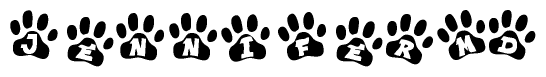 The image shows a series of animal paw prints arranged in a horizontal line. Each paw print contains a letter, and together they spell out the word Jennifermd.
