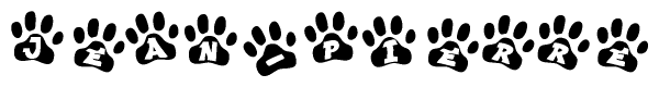 The image shows a series of animal paw prints arranged horizontally. Within each paw print, there's a letter; together they spell Jean-pierre