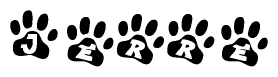 The image shows a series of animal paw prints arranged horizontally. Within each paw print, there's a letter; together they spell Jerre