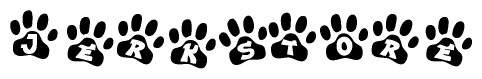 The image shows a row of animal paw prints, each containing a letter. The letters spell out the word Jerkstore within the paw prints.