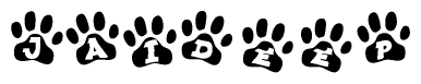 The image shows a series of animal paw prints arranged in a horizontal line. Each paw print contains a letter, and together they spell out the word Jaideep.