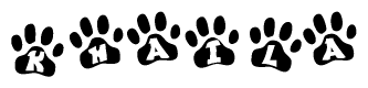 The image shows a series of animal paw prints arranged in a horizontal line. Each paw print contains a letter, and together they spell out the word Khaila.
