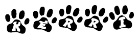 The image shows a row of animal paw prints, each containing a letter. The letters spell out the word Kerri within the paw prints.
