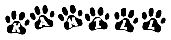The image shows a series of animal paw prints arranged in a horizontal line. Each paw print contains a letter, and together they spell out the word Kamill.