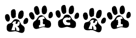 The image shows a row of animal paw prints, each containing a letter. The letters spell out the word Kicki within the paw prints.