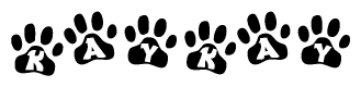 The image shows a row of animal paw prints, each containing a letter. The letters spell out the word Kaykay within the paw prints.