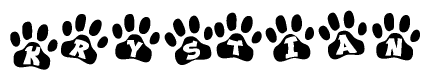 The image shows a series of animal paw prints arranged in a horizontal line. Each paw print contains a letter, and together they spell out the word Krystian.