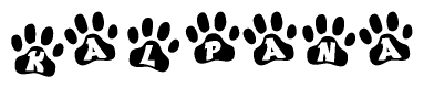 The image shows a series of animal paw prints arranged in a horizontal line. Each paw print contains a letter, and together they spell out the word Kalpana.