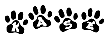 The image shows a series of animal paw prints arranged in a horizontal line. Each paw print contains a letter, and together they spell out the word Kase.