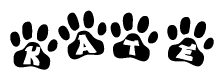 The image shows a row of animal paw prints, each containing a letter. The letters spell out the word Kate within the paw prints.