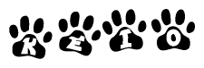 The image shows a series of animal paw prints arranged in a horizontal line. Each paw print contains a letter, and together they spell out the word Keio.