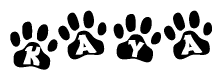 The image shows a series of animal paw prints arranged horizontally. Within each paw print, there's a letter; together they spell Kaya