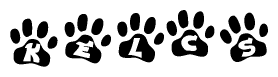 The image shows a series of animal paw prints arranged in a horizontal line. Each paw print contains a letter, and together they spell out the word Kelcs.