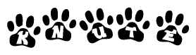 The image shows a series of animal paw prints arranged in a horizontal line. Each paw print contains a letter, and together they spell out the word Knute.