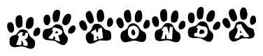 The image shows a row of animal paw prints, each containing a letter. The letters spell out the word Krhonda within the paw prints.