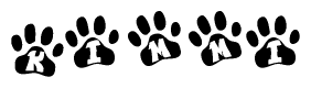 The image shows a row of animal paw prints, each containing a letter. The letters spell out the word Kimmi within the paw prints.