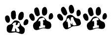 The image shows a row of animal paw prints, each containing a letter. The letters spell out the word Kimi within the paw prints.