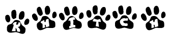 The image shows a series of animal paw prints arranged in a horizontal line. Each paw print contains a letter, and together they spell out the word Khitch.