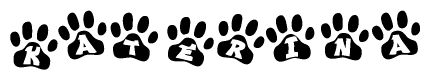 The image shows a row of animal paw prints, each containing a letter. The letters spell out the word Katerina within the paw prints.
