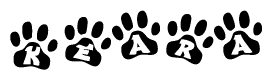 The image shows a series of animal paw prints arranged horizontally. Within each paw print, there's a letter; together they spell Keara