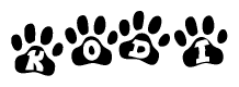The image shows a series of animal paw prints arranged horizontally. Within each paw print, there's a letter; together they spell Kodi