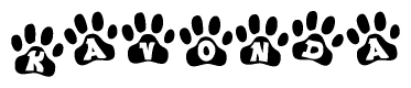 The image shows a row of animal paw prints, each containing a letter. The letters spell out the word Kavonda within the paw prints.