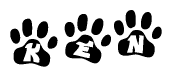 The image shows a row of animal paw prints, each containing a letter. The letters spell out the word Ken within the paw prints.