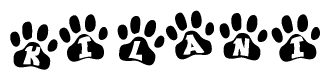The image shows a row of animal paw prints, each containing a letter. The letters spell out the word Kilani within the paw prints.