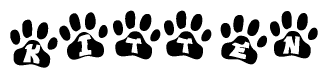 The image shows a series of animal paw prints arranged in a horizontal line. Each paw print contains a letter, and together they spell out the word Kitten.