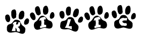 The image shows a series of animal paw prints arranged horizontally. Within each paw print, there's a letter; together they spell Kilic