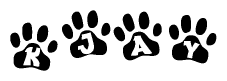 The image shows a row of animal paw prints, each containing a letter. The letters spell out the word Kjay within the paw prints.