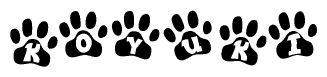 The image shows a series of animal paw prints arranged in a horizontal line. Each paw print contains a letter, and together they spell out the word Koyuki.