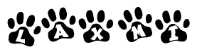 The image shows a series of animal paw prints arranged horizontally. Within each paw print, there's a letter; together they spell Laxmi