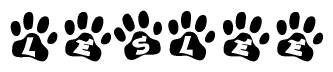 The image shows a row of animal paw prints, each containing a letter. The letters spell out the word Leslee within the paw prints.