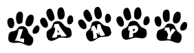 The image shows a row of animal paw prints, each containing a letter. The letters spell out the word Lampy within the paw prints.