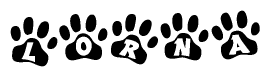 The image shows a row of animal paw prints, each containing a letter. The letters spell out the word Lorna within the paw prints.