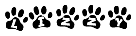 The image shows a series of animal paw prints arranged in a horizontal line. Each paw print contains a letter, and together they spell out the word Lizzy.