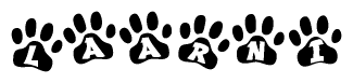 The image shows a series of animal paw prints arranged in a horizontal line. Each paw print contains a letter, and together they spell out the word Laarni.