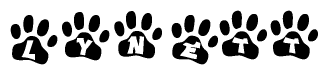 The image shows a series of animal paw prints arranged horizontally. Within each paw print, there's a letter; together they spell Lynett