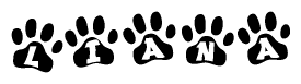 The image shows a series of animal paw prints arranged horizontally. Within each paw print, there's a letter; together they spell Liana