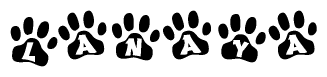The image shows a row of animal paw prints, each containing a letter. The letters spell out the word Lanaya within the paw prints.