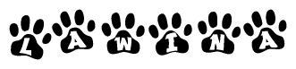The image shows a series of animal paw prints arranged horizontally. Within each paw print, there's a letter; together they spell Lawina
