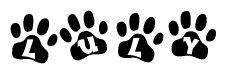 The image shows a series of animal paw prints arranged in a horizontal line. Each paw print contains a letter, and together they spell out the word Luly.