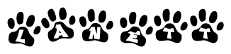 The image shows a series of animal paw prints arranged in a horizontal line. Each paw print contains a letter, and together they spell out the word Lanett.