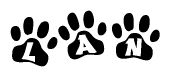 The image shows a series of animal paw prints arranged horizontally. Within each paw print, there's a letter; together they spell Lan