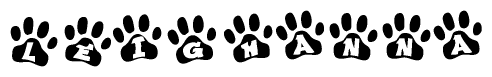 The image shows a series of animal paw prints arranged in a horizontal line. Each paw print contains a letter, and together they spell out the word Leighanna.