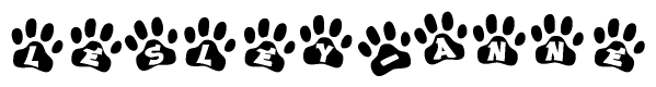 The image shows a series of animal paw prints arranged horizontally. Within each paw print, there's a letter; together they spell Lesley-anne